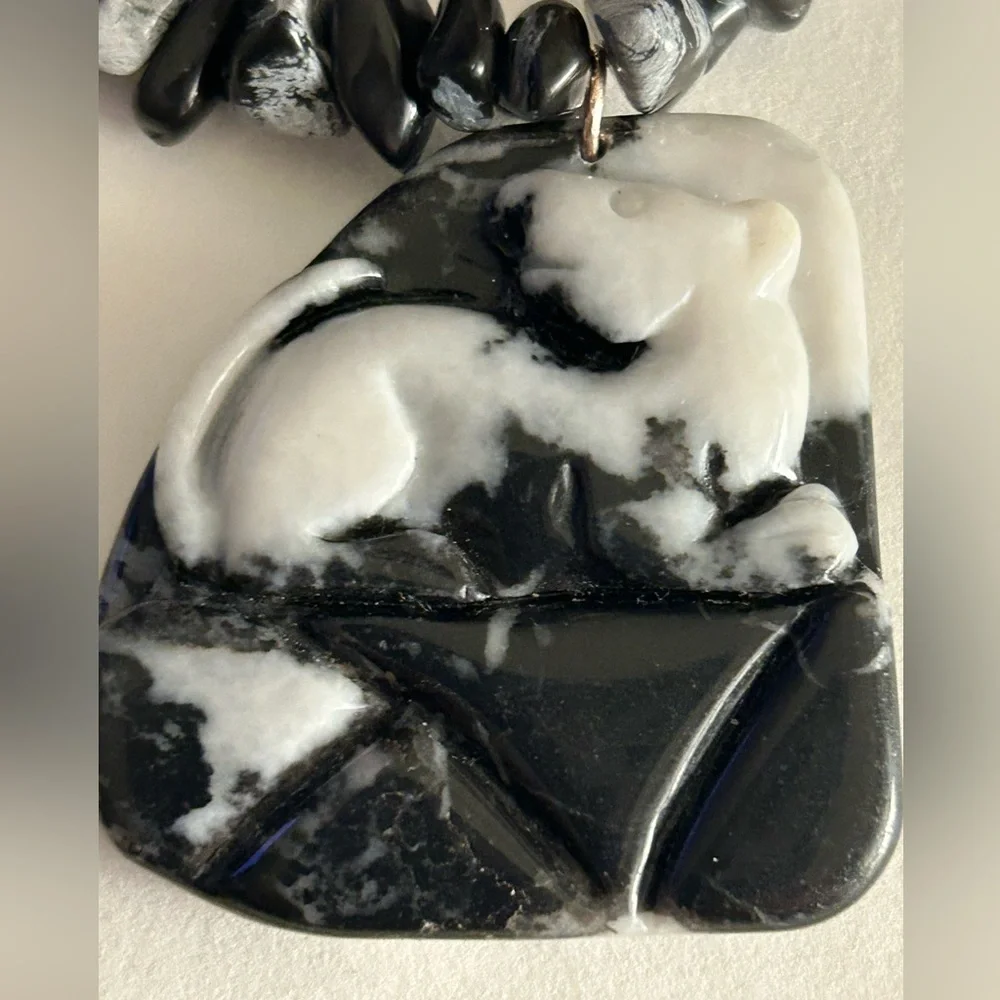Vintage Necklace Lion Cub hand-carved Jasper stone, Snowflake Obsidian beads